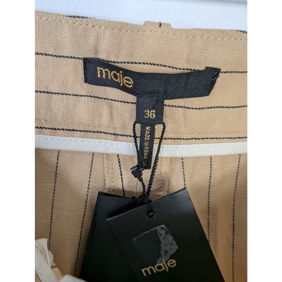 NWT Maje Striped Cotton Linen Blend High Waist Trousers in Beige - Picture 8 of 10